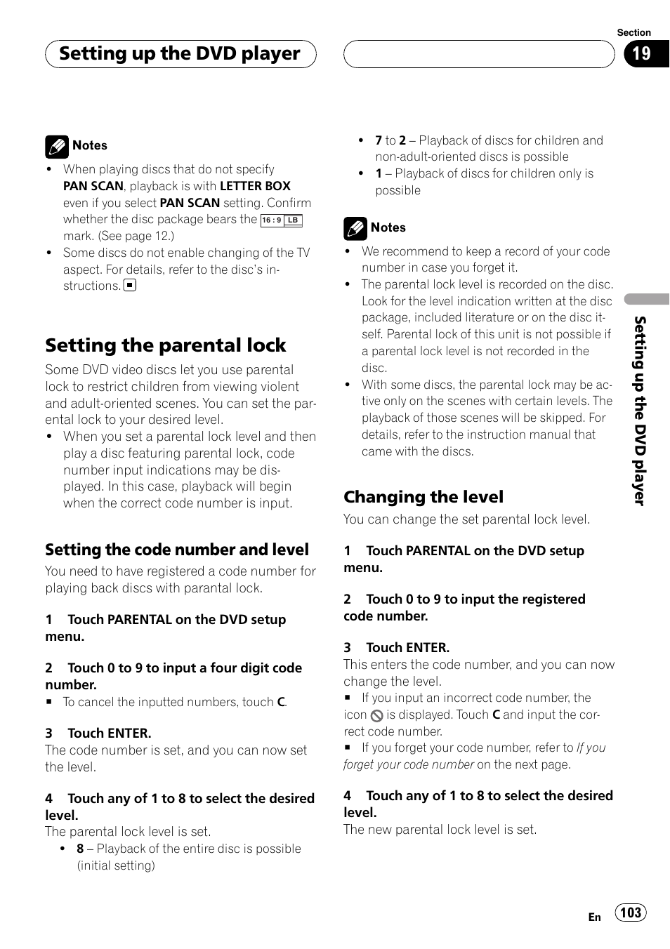 Setting the parental lock, Setting up the dvd player, Setting the code number and level | Changing the level | Pioneer AVH-P7900DVD User Manual | Page 103 / 137