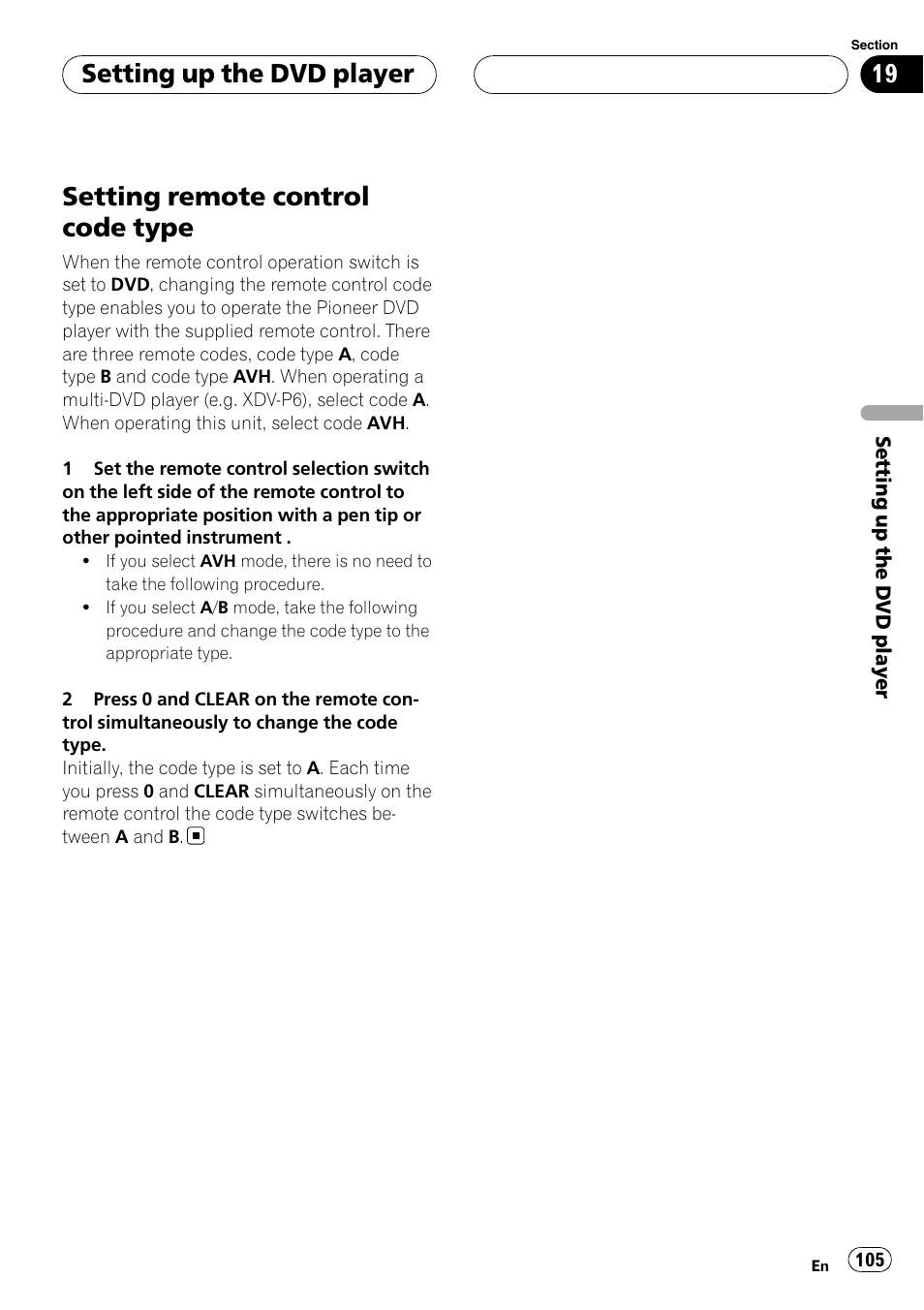 Setting remote control code type, Setting up the dvd player | Pioneer AVH-P7900DVD User Manual | Page 105 / 137