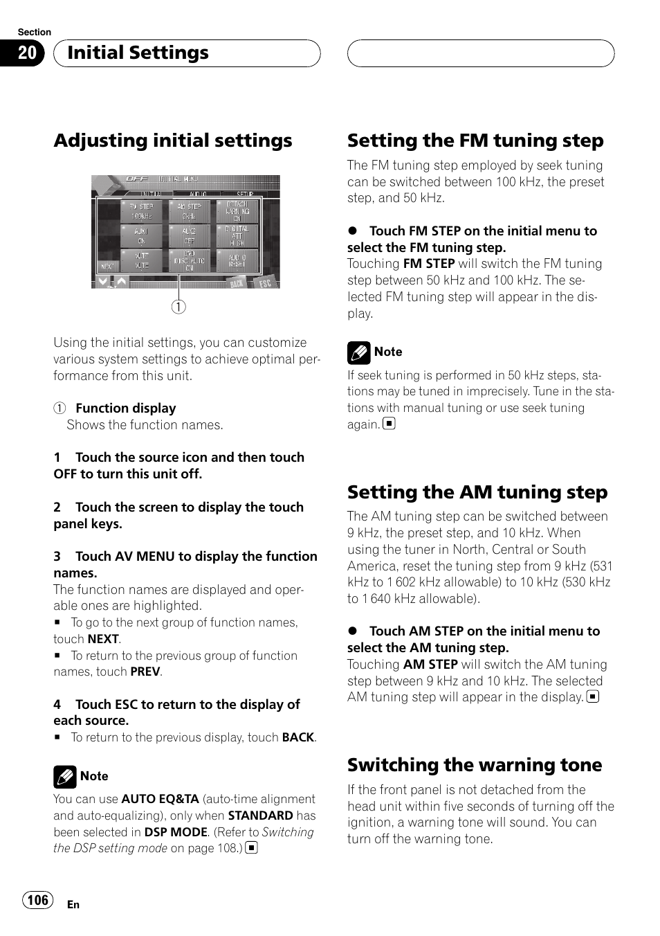 Initial settings adjusting initial settings, Setting the fm tuning step, Setting the am tuning step | Switching the warning tone, Adjusting initial settings, Initial settings | Pioneer AVH-P7900DVD User Manual | Page 106 / 137