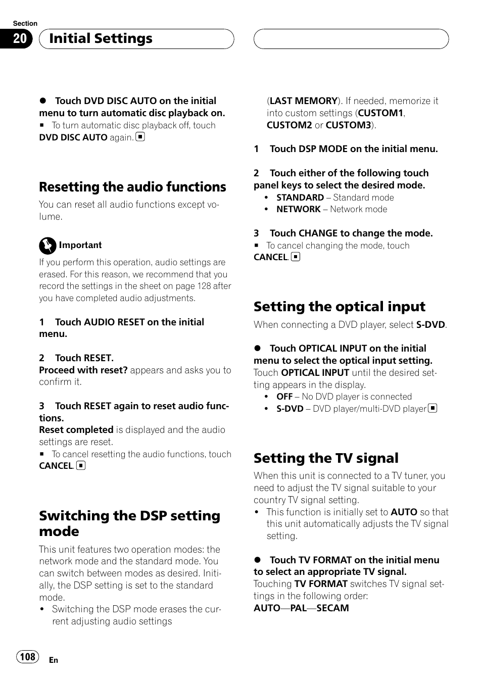 Resetting the audio functions, Switching the dsp setting mode, Setting the optical input | Setting the tv signal, Initial settings | Pioneer AVH-P7900DVD User Manual | Page 108 / 137