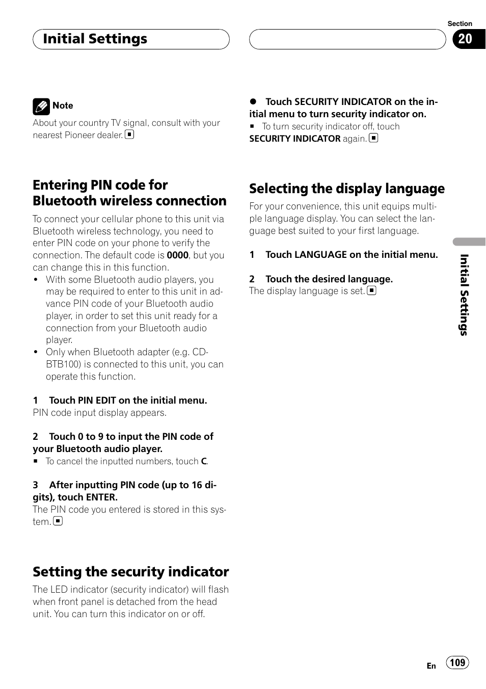 Entering pin code for bluetooth wireless, Connection, Setting the security indicator | Selecting the display language, Initial settings | Pioneer AVH-P7900DVD User Manual | Page 109 / 137