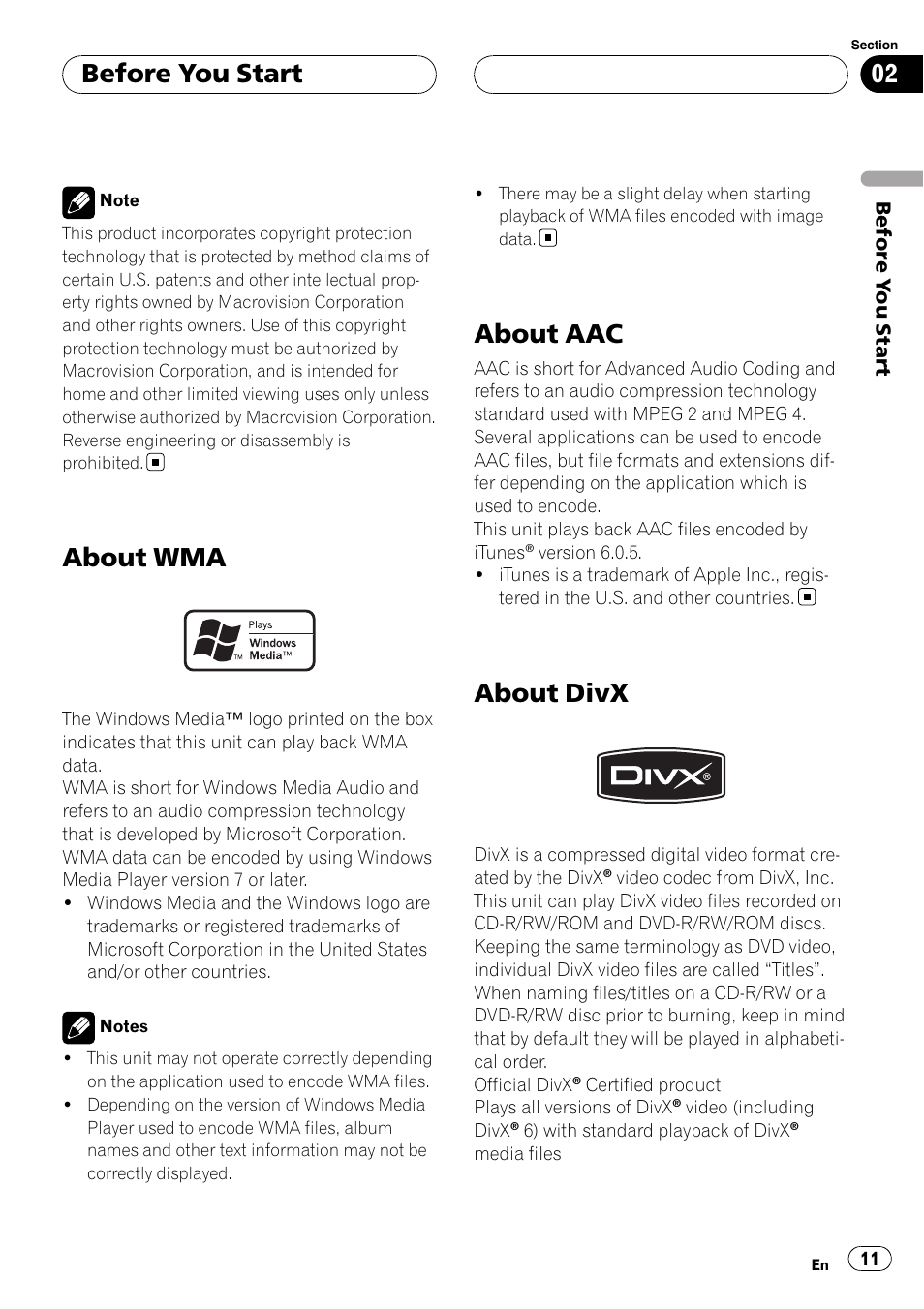 About wma, About aac, About divx | Before you start | Pioneer AVH-P7900DVD User Manual | Page 11 / 137