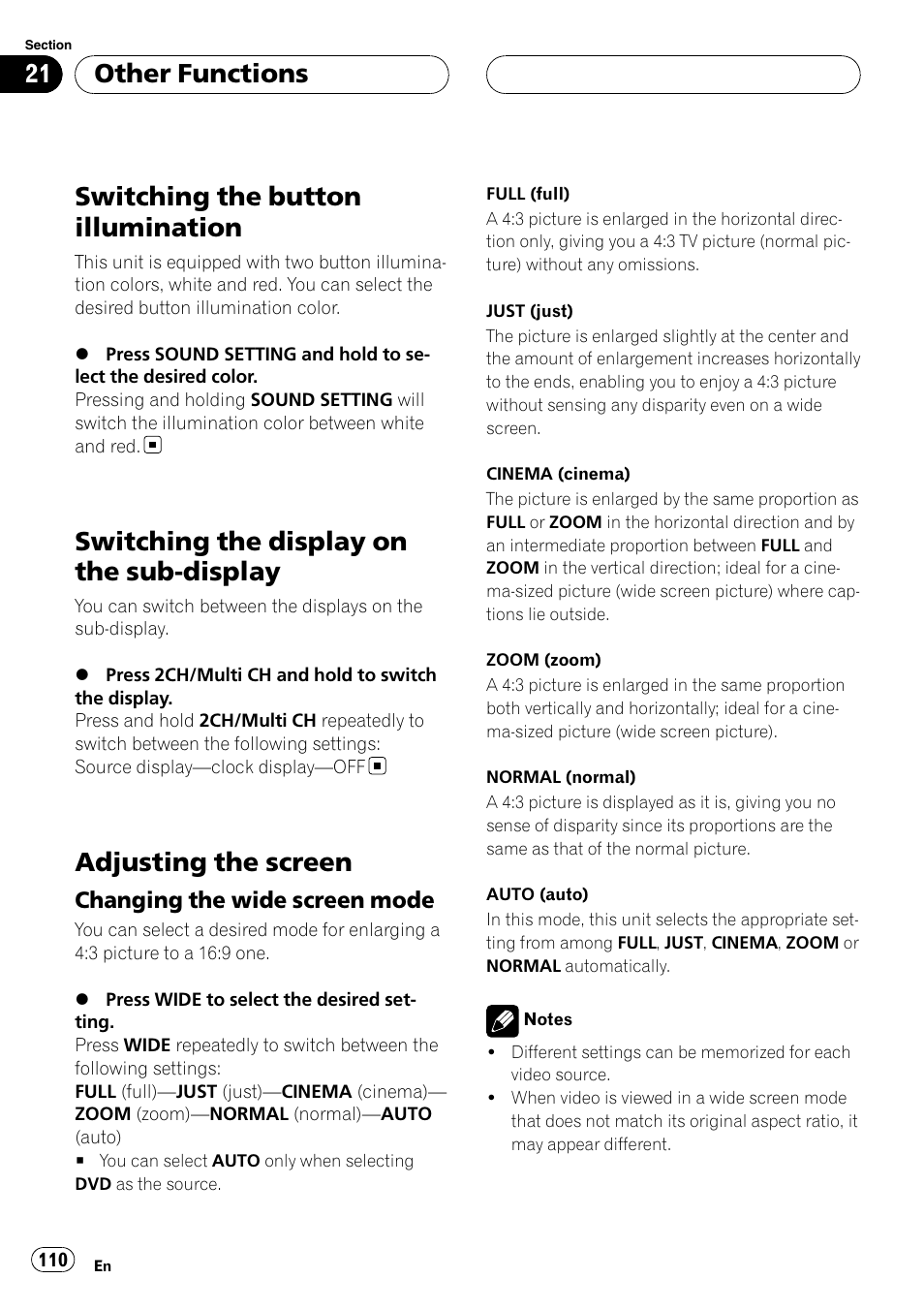 Other functions switching the button illumination, Switching the display on the sub, Display | Adjusting the screen, Switching the button illumination, Switching the display on the sub-display, Other functions, Changing the wide screen mode | Pioneer AVH-P7900DVD User Manual | Page 110 / 137