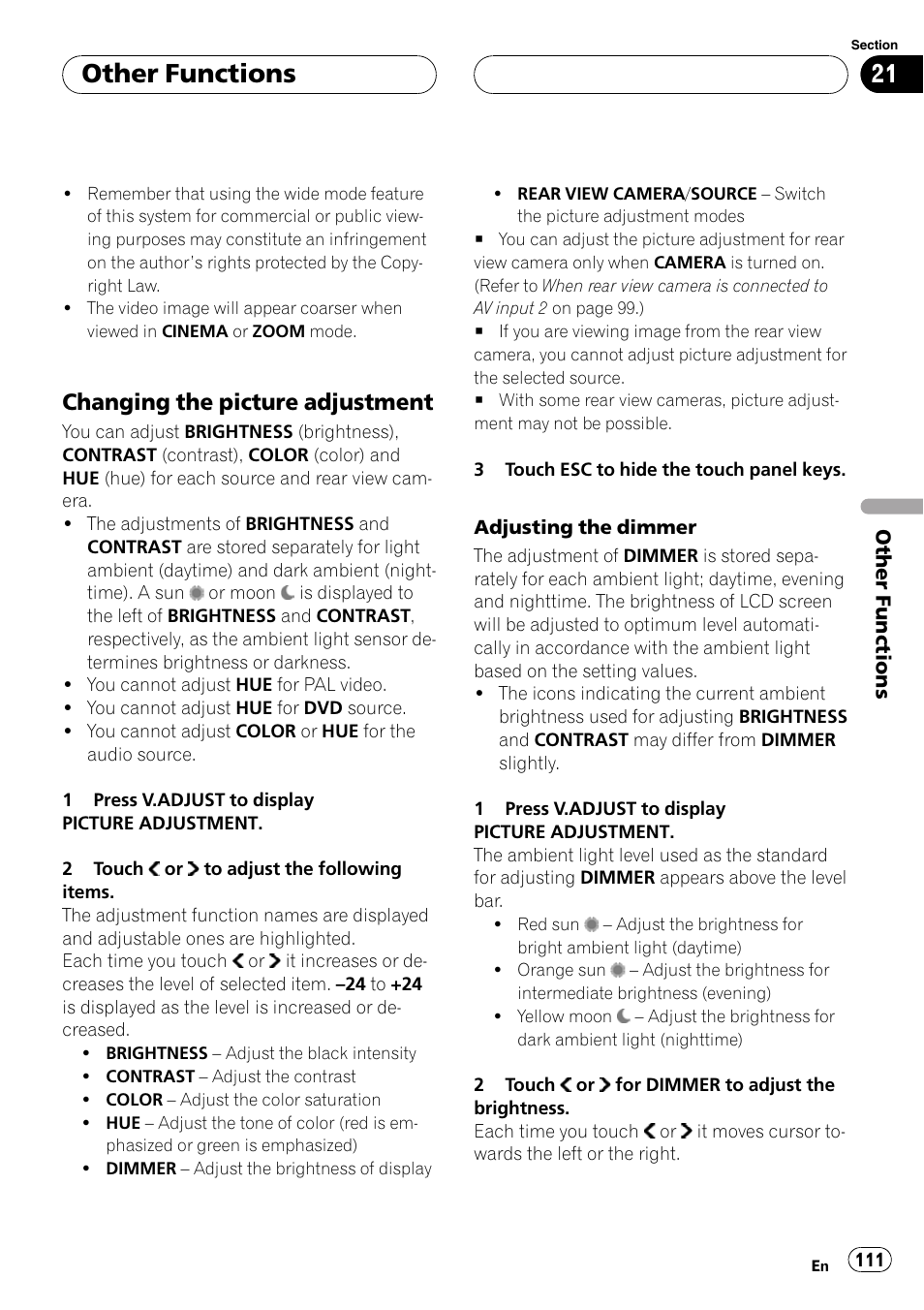 Other functions, Changing the picture adjustment | Pioneer AVH-P7900DVD User Manual | Page 111 / 137