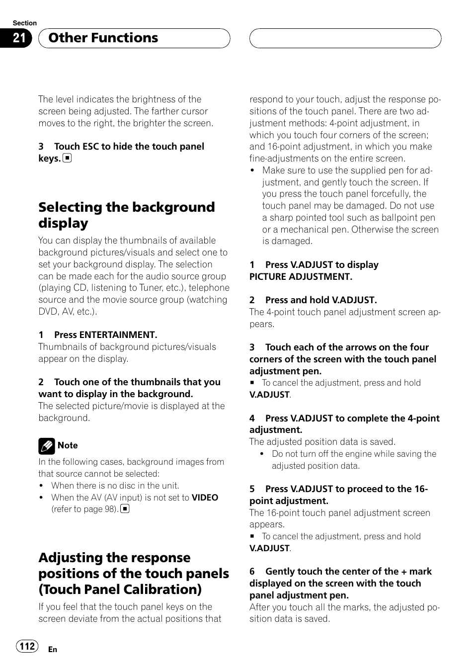 Selecting the background display, Adjusting the response positions of the, Touch panels (touch panel calibration) | Other functions | Pioneer AVH-P7900DVD User Manual | Page 112 / 137
