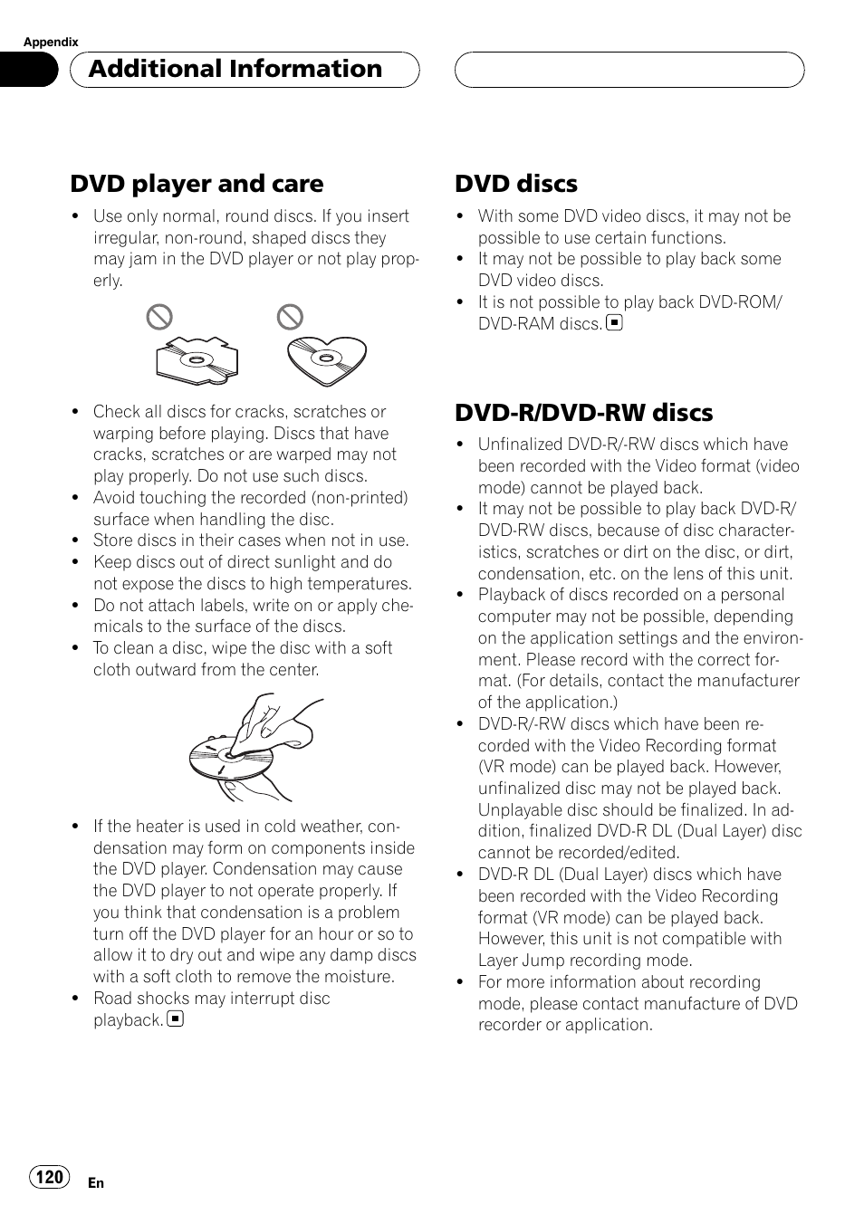 Dvd player and care, Dvd discs, Dvd-r/dvd-rw discs | Additional information | Pioneer AVH-P7900DVD User Manual | Page 120 / 137