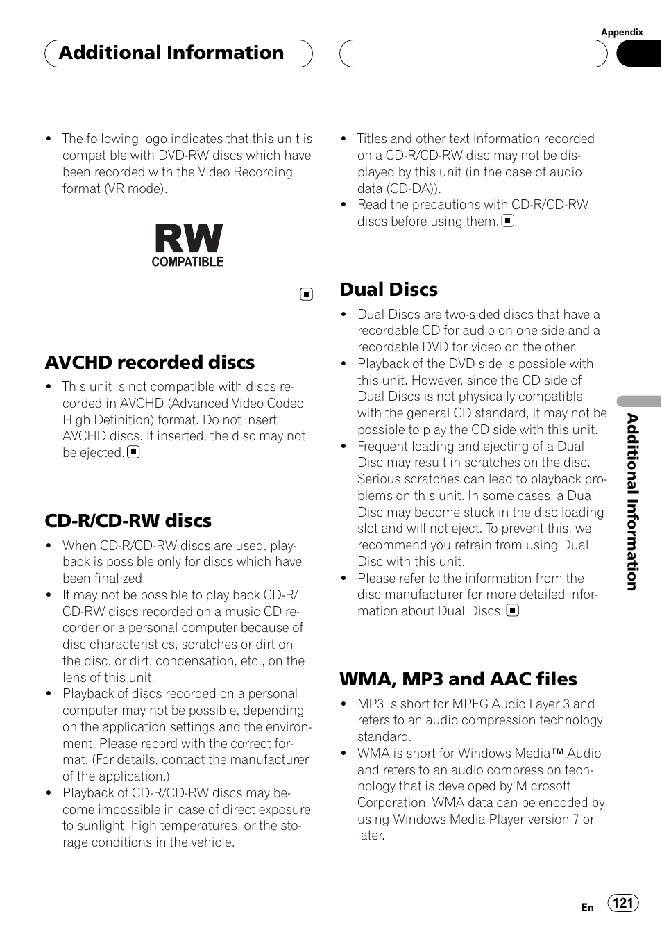 Avchd recorded discs, Cd-r/cd-rw discs, Dual discs | Wma, mp3 and aac files, Additional information | Pioneer AVH-P7900DVD User Manual | Page 121 / 137