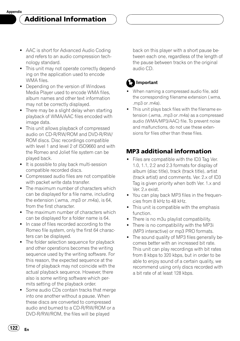 Additional information, Mp3 additional information | Pioneer AVH-P7900DVD User Manual | Page 122 / 137