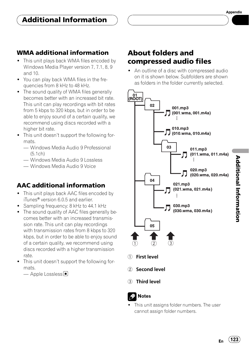 About folders and compressed audio, Files, About folders and compressed audio files | Additional information, Wma additional information, Aac additional information | Pioneer AVH-P7900DVD User Manual | Page 123 / 137