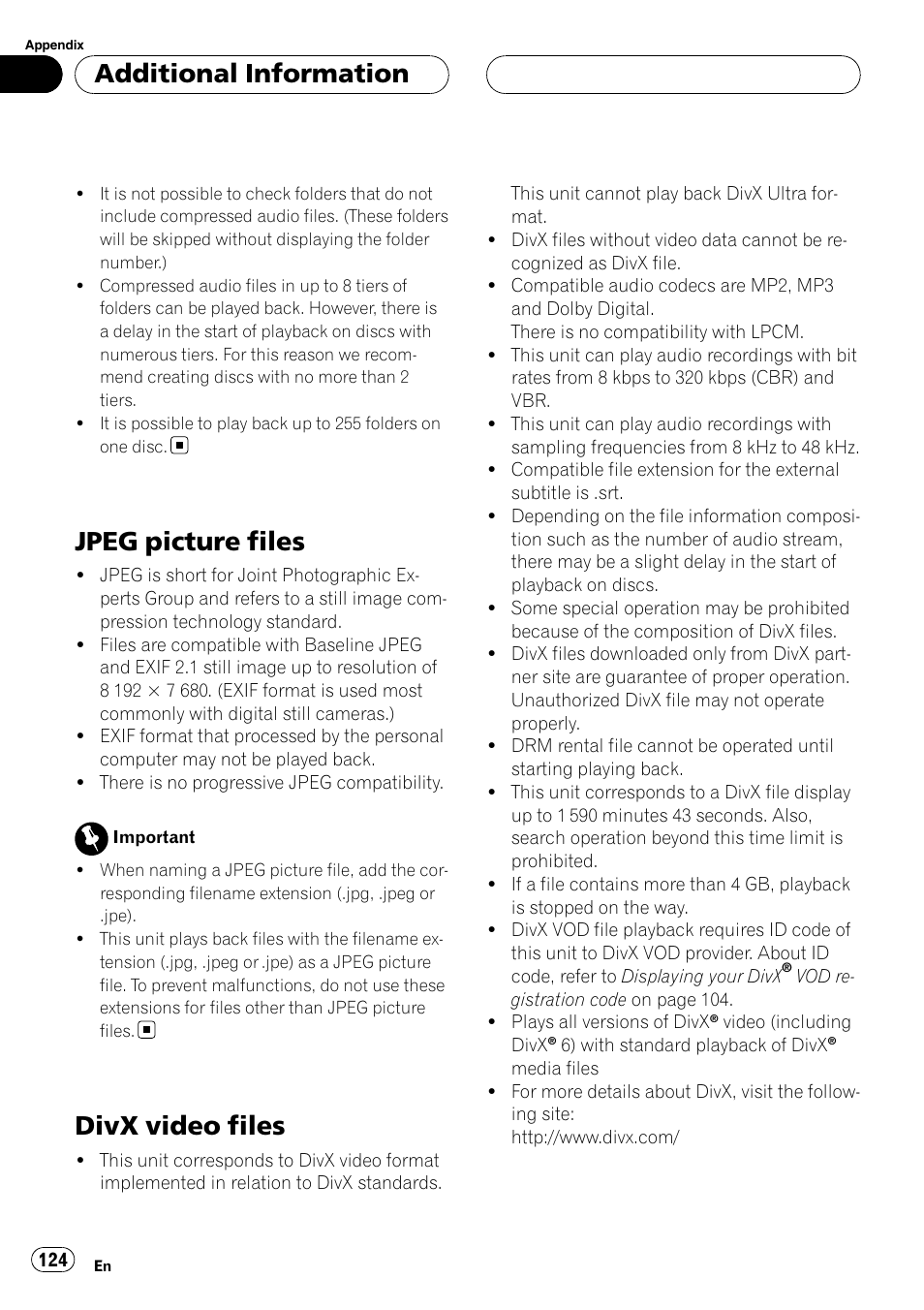 Jpeg picture files, Divx video files, Additional information | Pioneer AVH-P7900DVD User Manual | Page 124 / 137