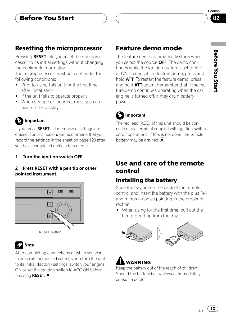 Resetting the microprocessor, Feature demo mode, Use and care of the remote control | Before you start | Pioneer AVH-P7900DVD User Manual | Page 13 / 137