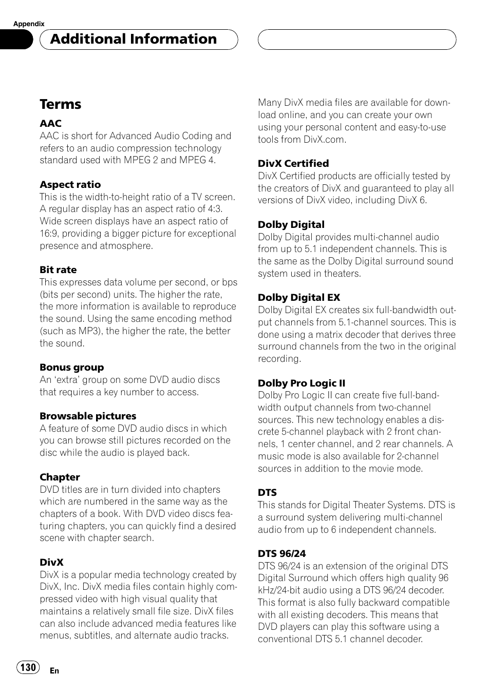 Terms, Additional information | Pioneer AVH-P7900DVD User Manual | Page 130 / 137