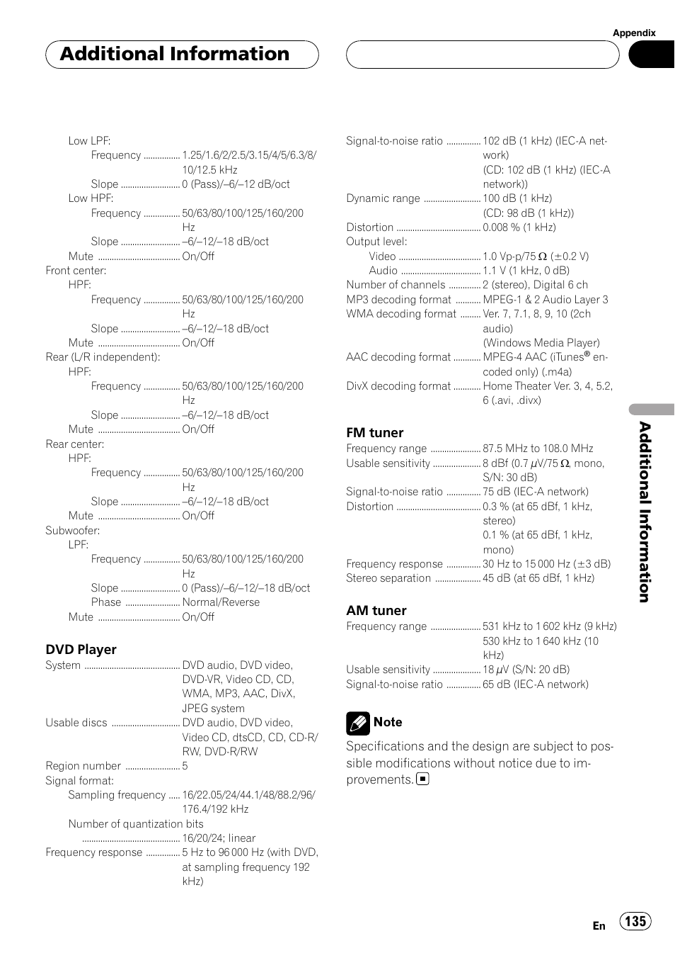 Additional information, Dvd player, Fm tuner | Am tuner | Pioneer AVH-P7900DVD User Manual | Page 135 / 137