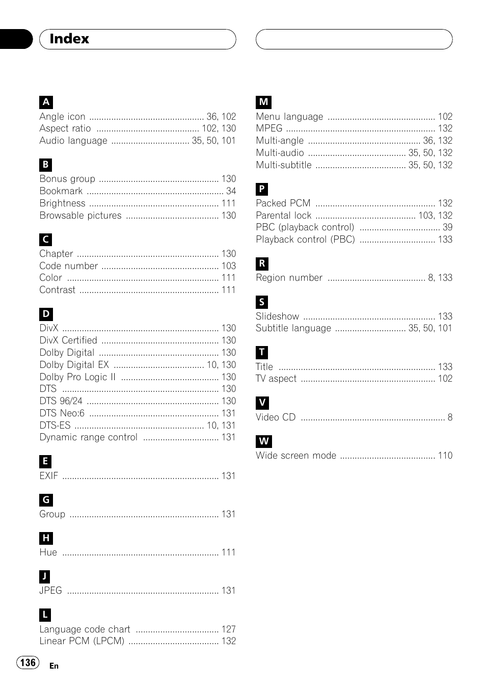 Index | Pioneer AVH-P7900DVD User Manual | Page 136 / 137