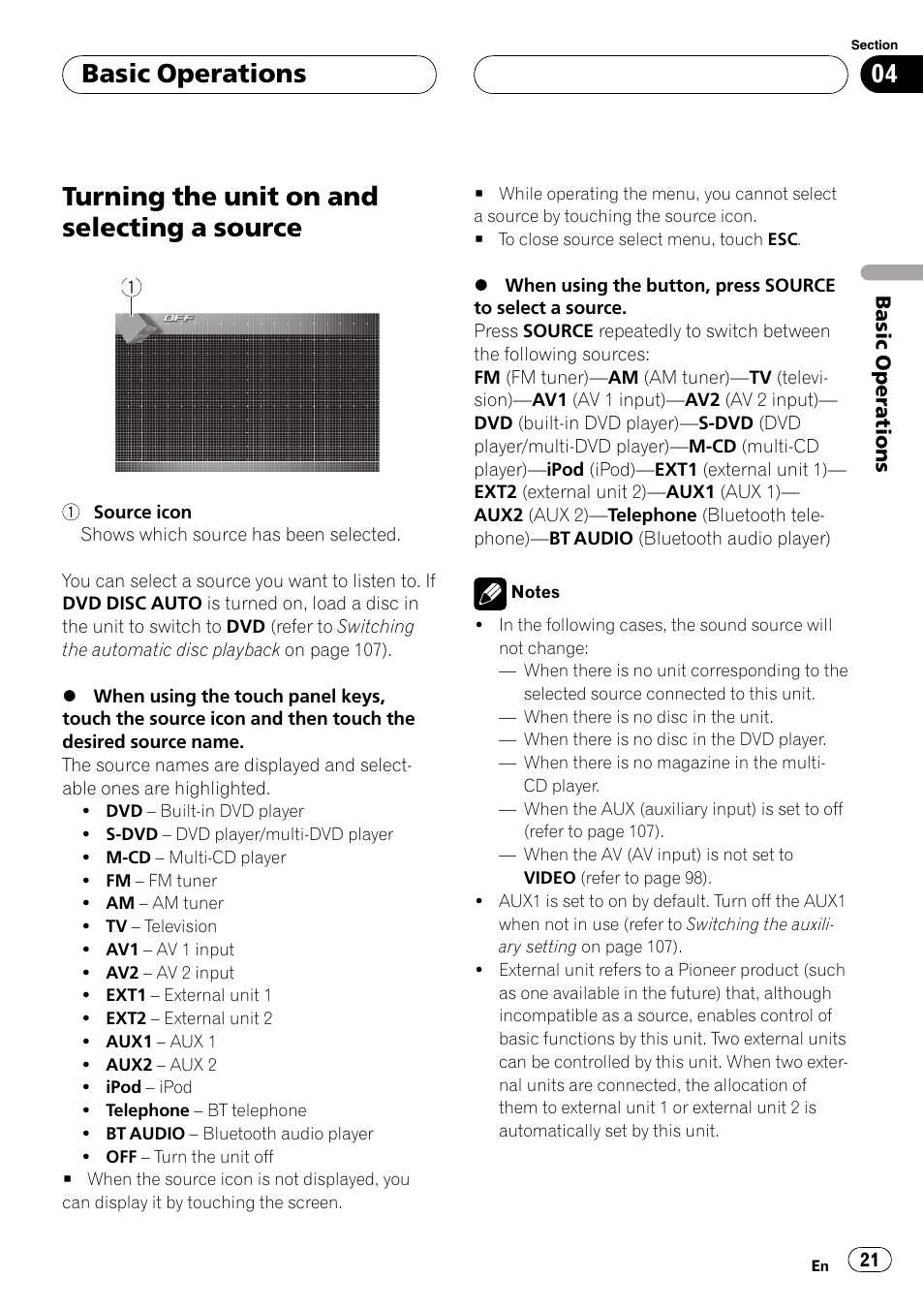 Source, Turning the unit on and selecting a source, Basic operations | Pioneer AVH-P7900DVD User Manual | Page 21 / 137