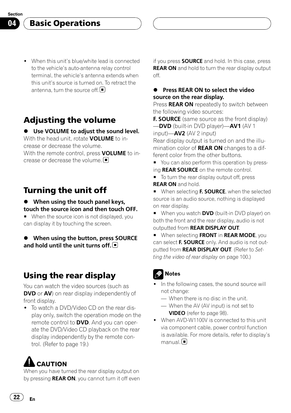 Adjusting the volume, Turning the unit off, Using the rear display | Basic operations | Pioneer AVH-P7900DVD User Manual | Page 22 / 137