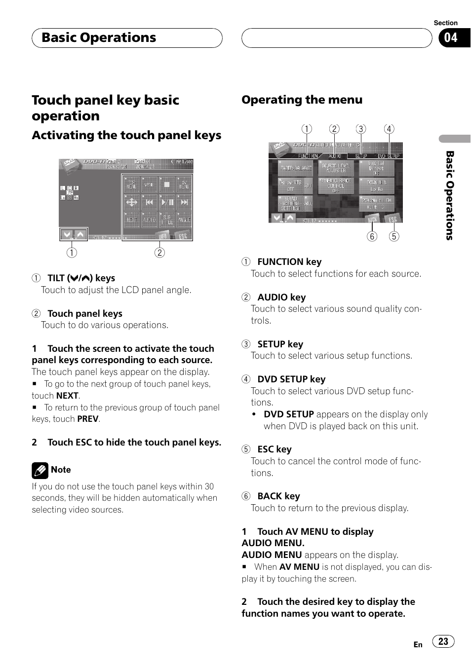 Touch panel key basic operation, Basic operations | Pioneer AVH-P7900DVD User Manual | Page 23 / 137