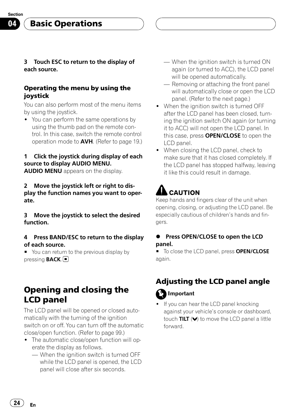 Opening and closing the lcd panel, Basic operations, Adjusting the lcd panel angle | Pioneer AVH-P7900DVD User Manual | Page 24 / 137