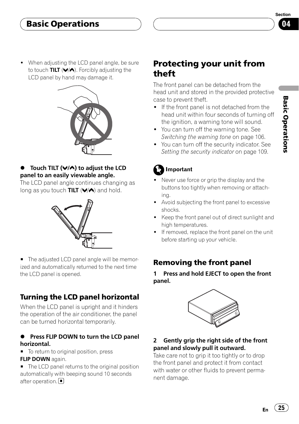 Protecting your unit from theft, Basic operations, Turning the lcd panel horizontal | Removing the front panel | Pioneer AVH-P7900DVD User Manual | Page 25 / 137