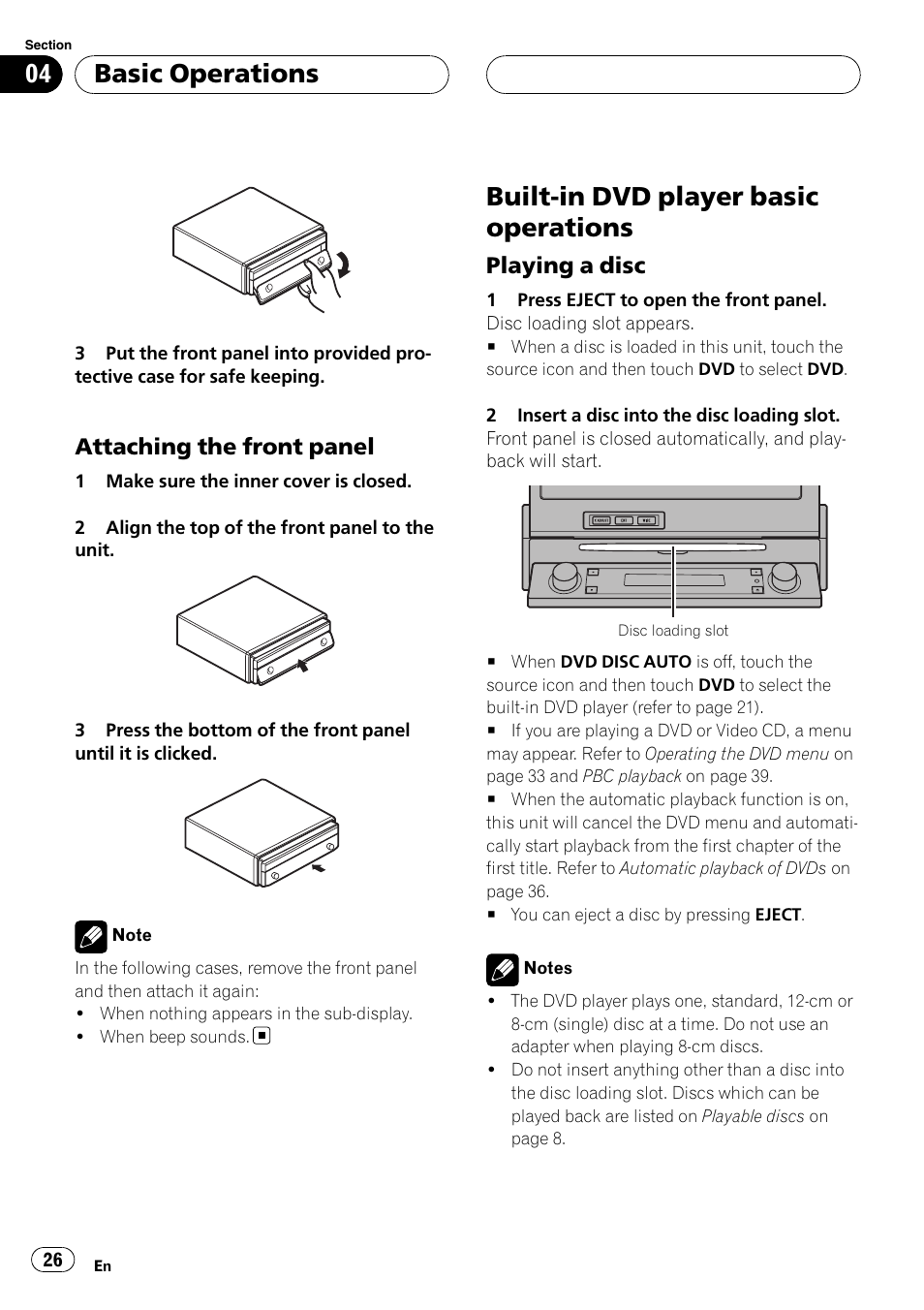 Built-in dvd player basic operations, Basic operations, Attaching the front panel | Playing a disc | Pioneer AVH-P7900DVD User Manual | Page 26 / 137