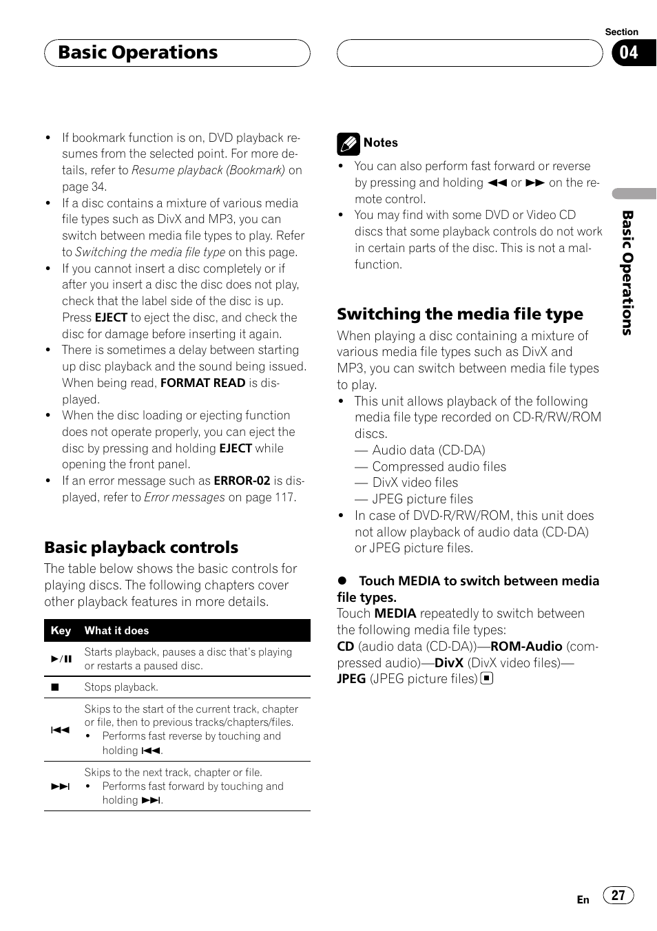 Basic operations, Basic playback controls, Switching the media file type | Pioneer AVH-P7900DVD User Manual | Page 27 / 137