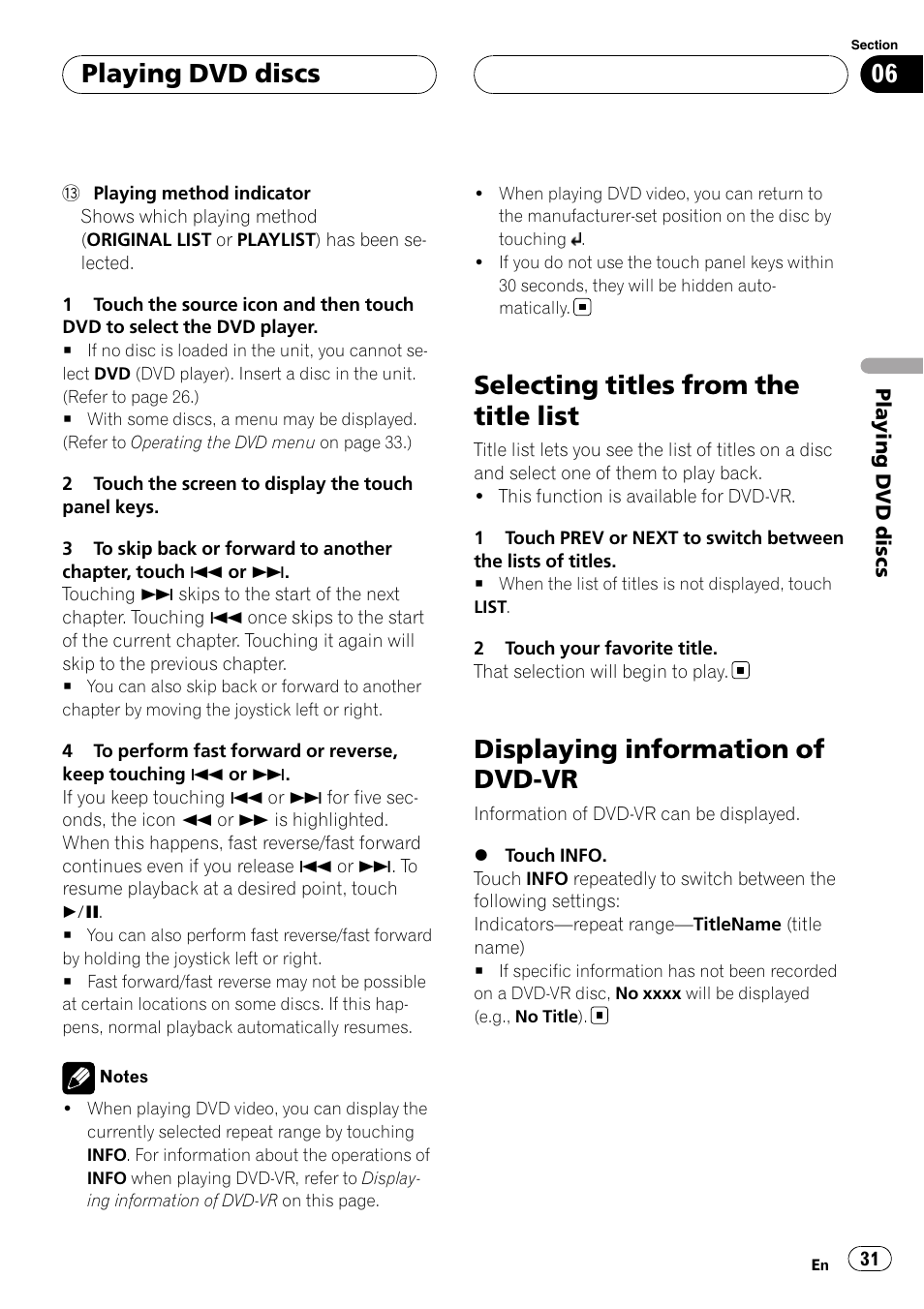 Selecting titles from the title list, Displaying information of dvd-vr, Playing dvd discs | Pioneer AVH-P7900DVD User Manual | Page 31 / 137