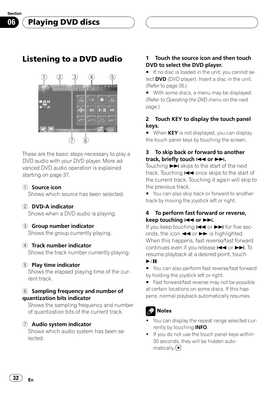 Listening to a dvd audio, Playing dvd discs | Pioneer AVH-P7900DVD User Manual | Page 32 / 137