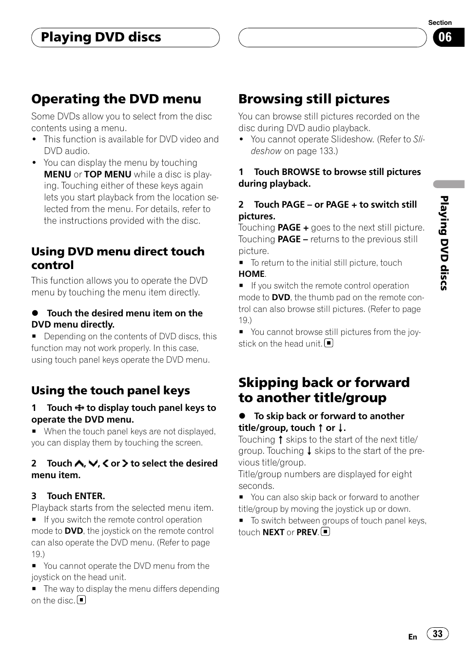 Operating the dvd menu, Browsing still pictures, Skipping back or forward to another title | Group, Skipping back or forward to another title/group, Playing dvd discs, Using dvd menu direct touch control, Using the touch panel keys | Pioneer AVH-P7900DVD User Manual | Page 33 / 137