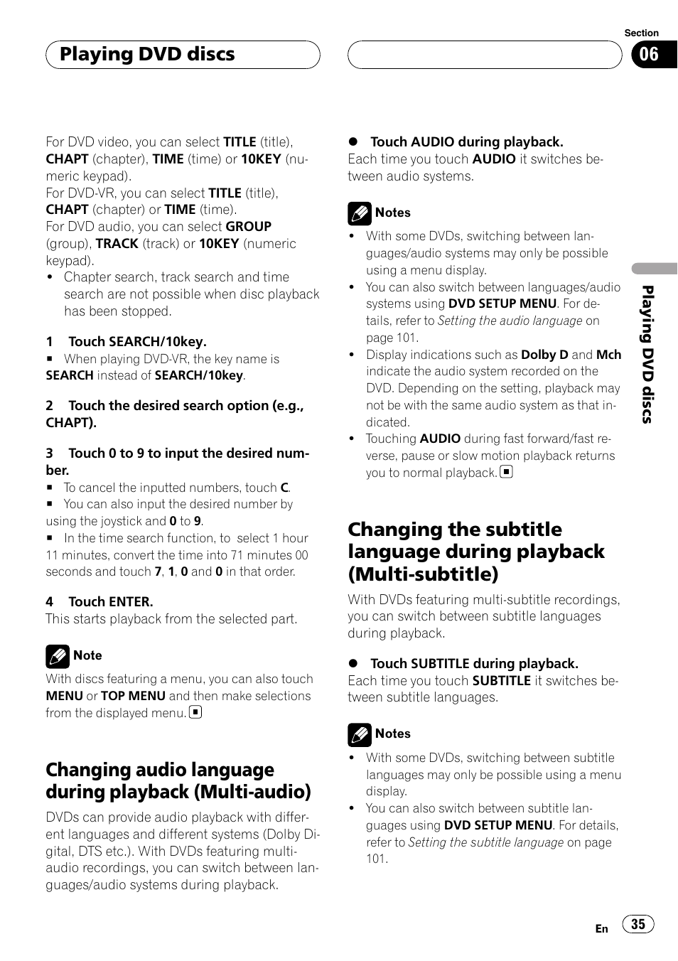 Changing audio language during playback, Multi-audio), Changing the subtitle language during | Playback (multi-subtitle), Playing dvd discs | Pioneer AVH-P7900DVD User Manual | Page 35 / 137