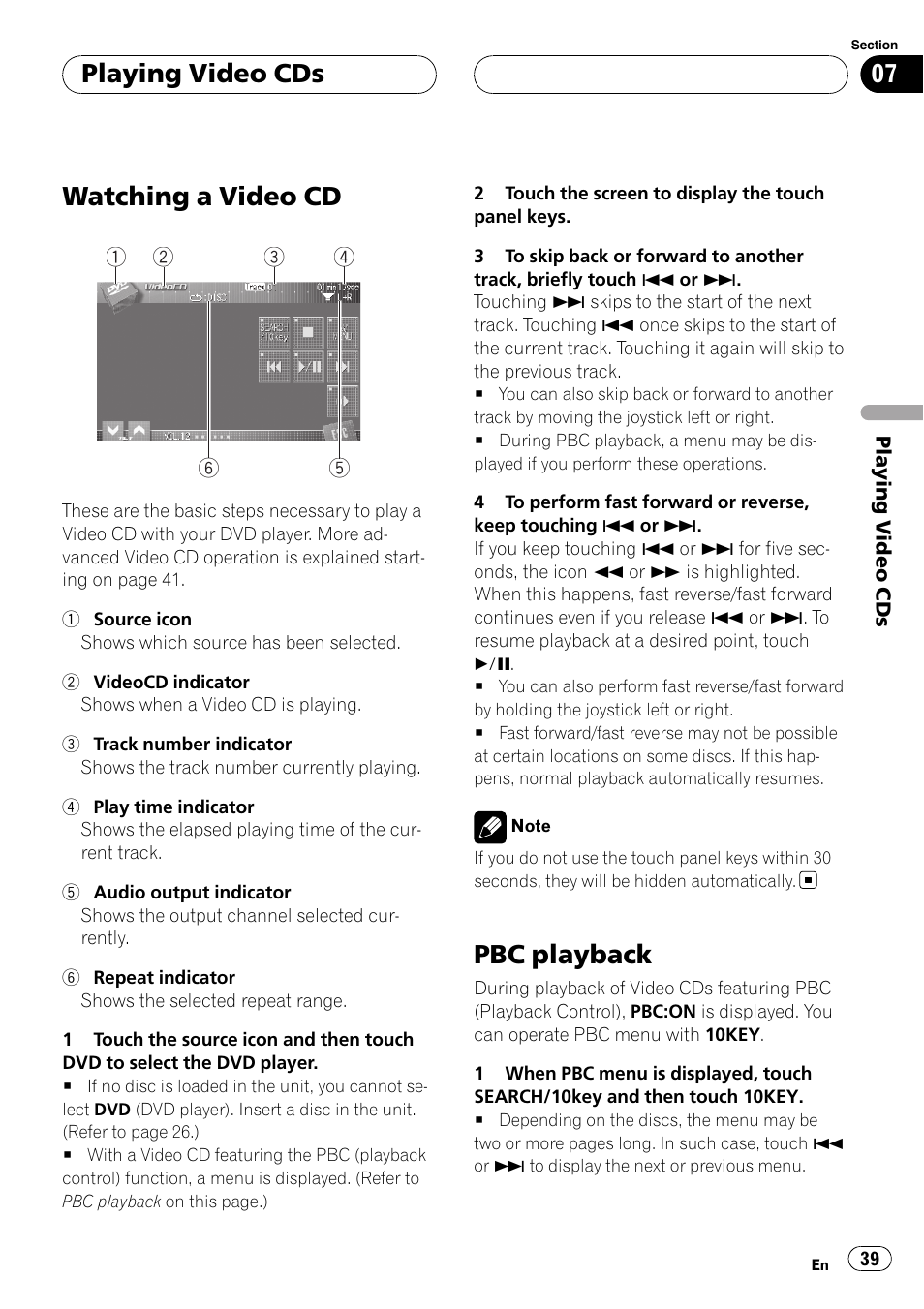 Playing video cds watching a video cd, Pbc playback, Watching a video cd on | Watching a video cd, Playing video cds | Pioneer AVH-P7900DVD User Manual | Page 39 / 137