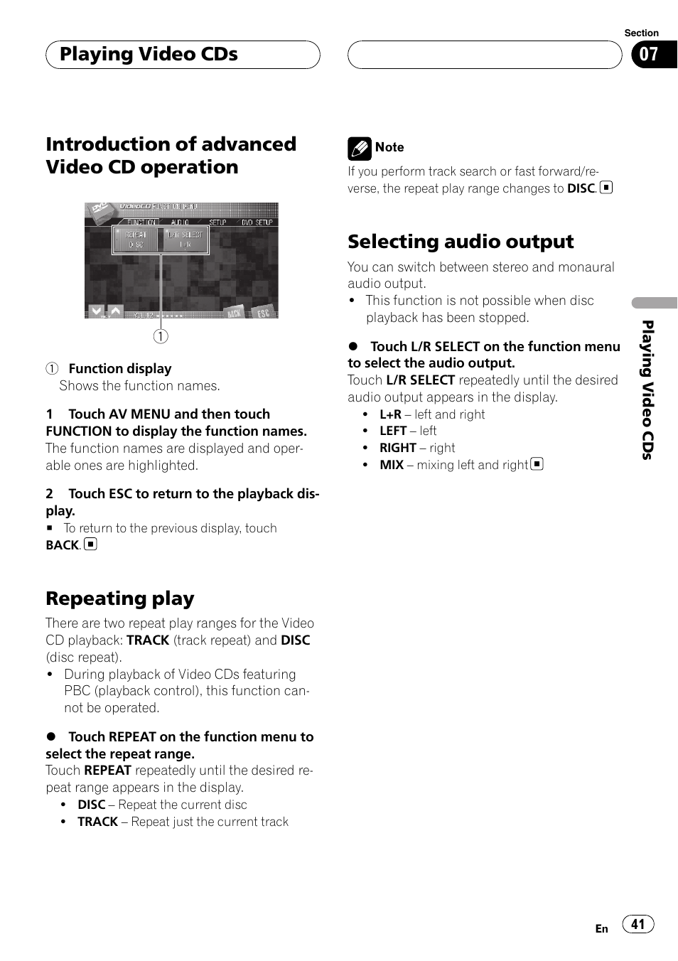 Introduction of advanced video cd, Operation, Repeating play | Selecting audio output, Introduction of advanced video cd operation, Playing video cds | Pioneer AVH-P7900DVD User Manual | Page 41 / 137