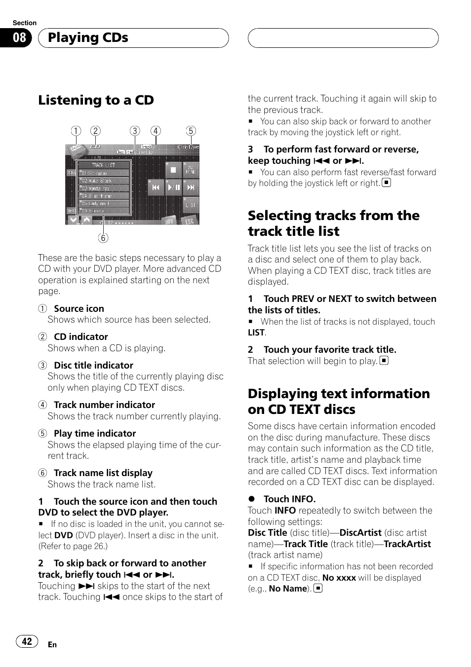 Playing cds listening to a cd, Selecting tracks from the track title list, Displaying text information on cd text | Discs, Listening to a cd, Displaying text information on cd text discs, Playing cds | Pioneer AVH-P7900DVD User Manual | Page 42 / 137