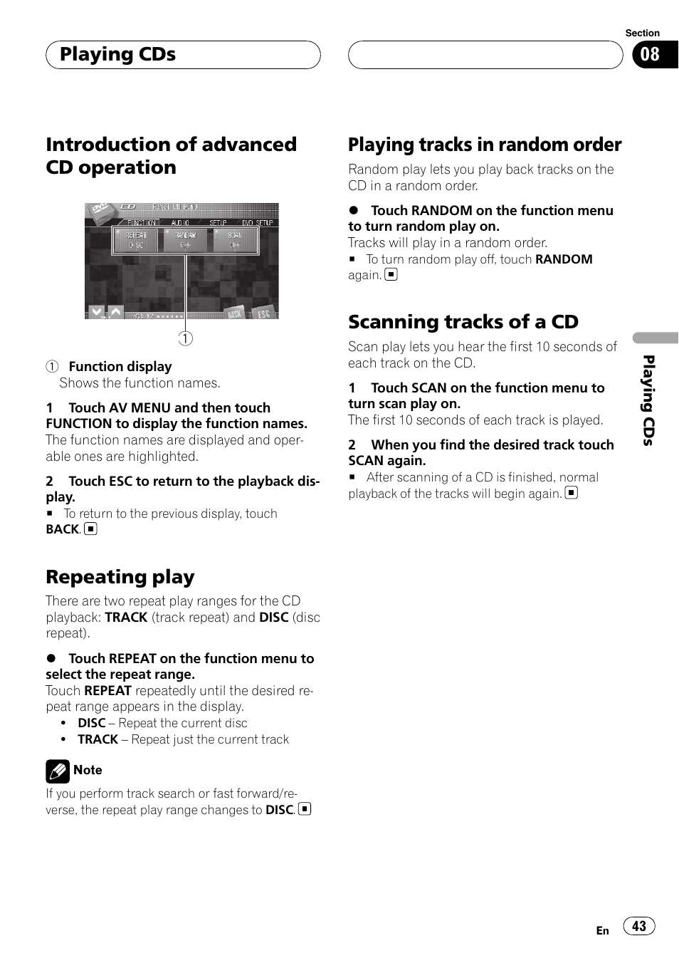 Introduction of advanced cd operation, Repeating play, Playing tracks in random order | Scanning tracks of a cd, Playing cds | Pioneer AVH-P7900DVD User Manual | Page 43 / 137