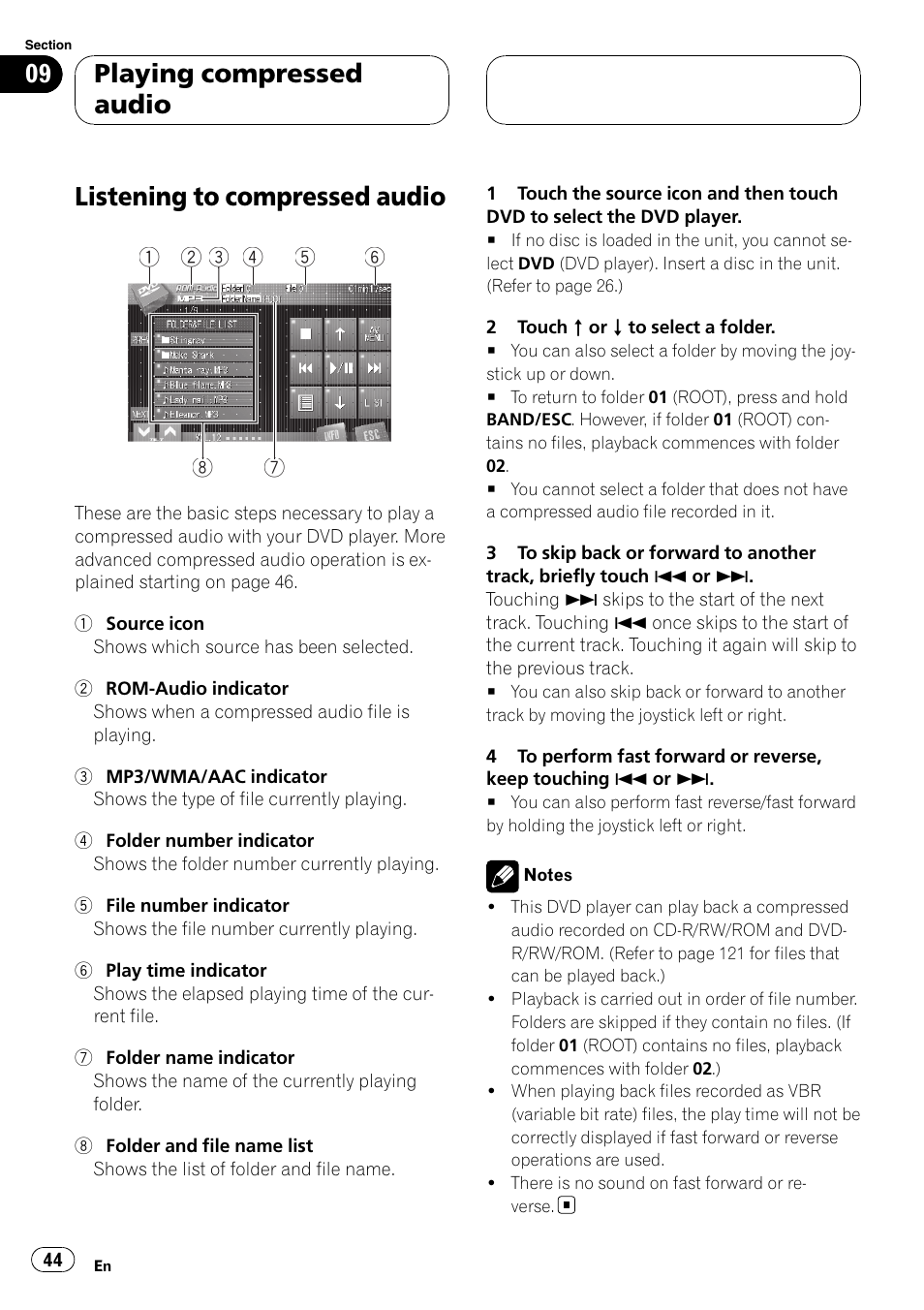 Listening to compressed audio, Playing compressed audio | Pioneer AVH-P7900DVD User Manual | Page 44 / 137