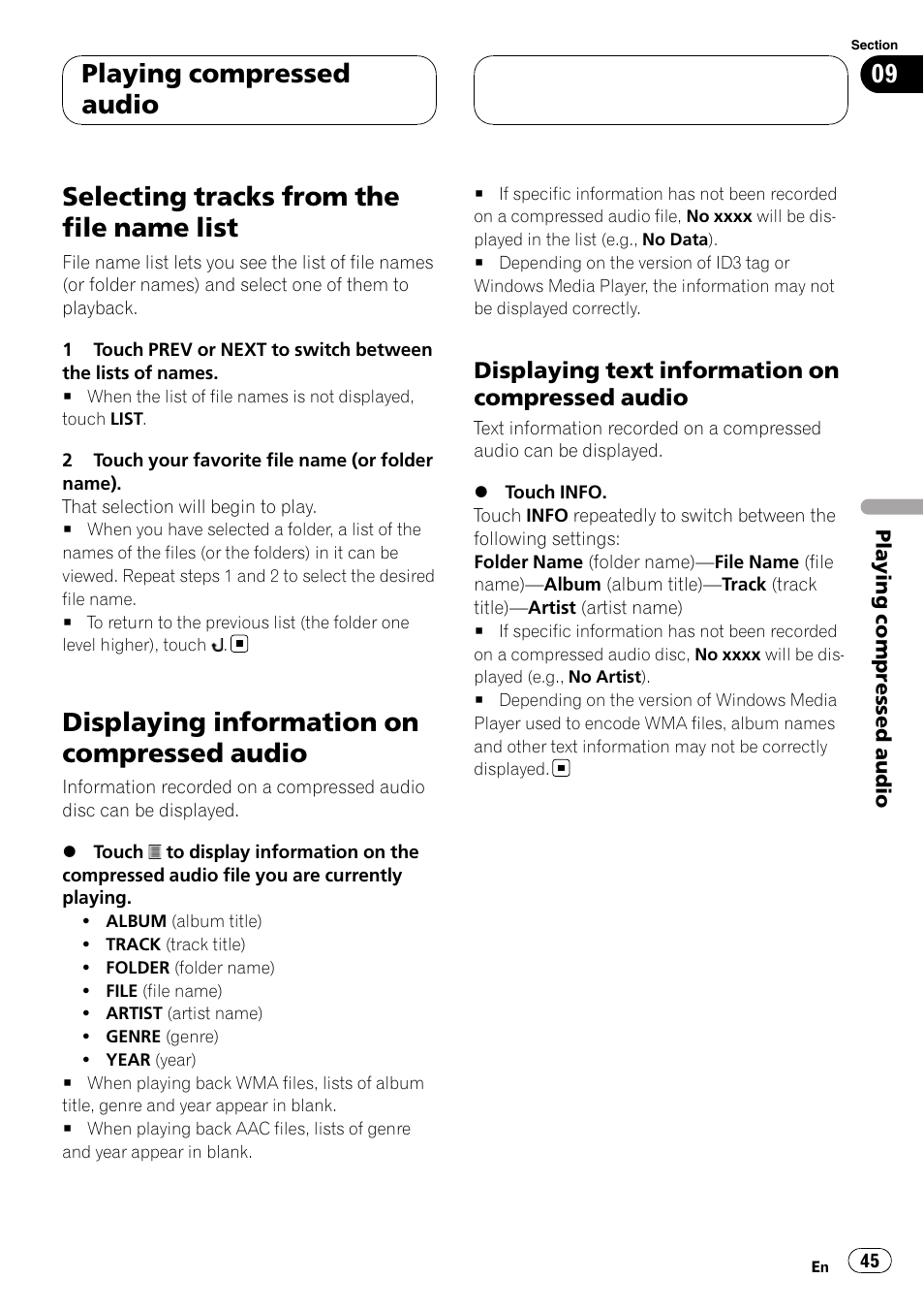 Selecting tracks from the file name list, Displaying information on compressed, Audio | Displaying information on compressed audio, Playing compressed audio, Displaying text information on compressed audio | Pioneer AVH-P7900DVD User Manual | Page 45 / 137