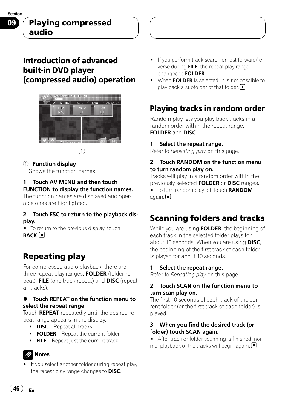 Introduction of advanced built-in dvd player, Compressed audio) operation, Repeating play | Playing tracks in random order, Scanning folders and tracks, Playing compressed audio | Pioneer AVH-P7900DVD User Manual | Page 46 / 137