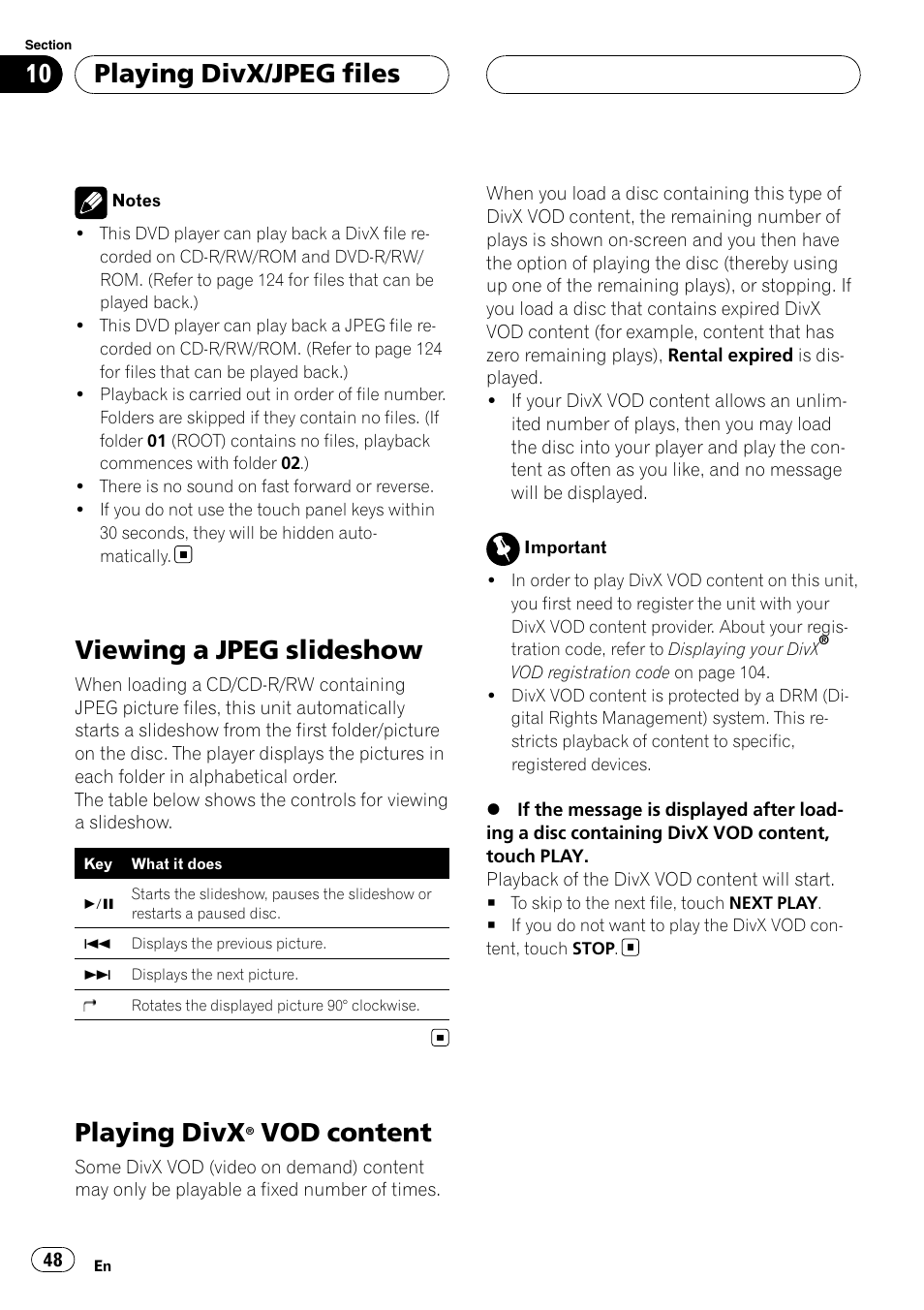 Viewing a jpeg slideshow, Playing divx® vod content, Playing divx | Vod content, Playing divx/jpeg files | Pioneer AVH-P7900DVD User Manual | Page 48 / 137