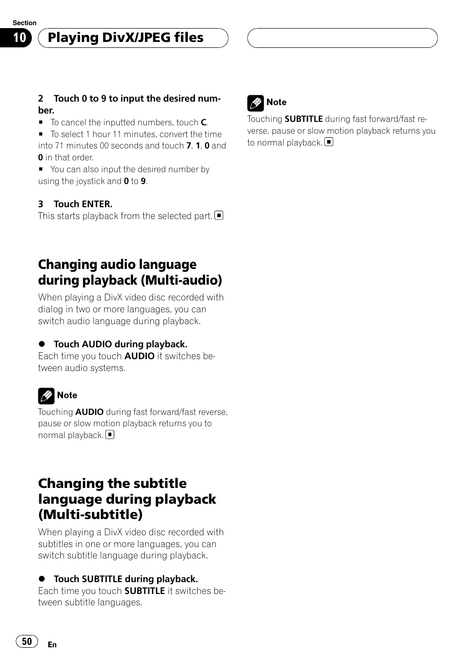 Changing audio language during playback, Multi-audio), Changing the subtitle language during | Playback (multi-subtitle), Playing divx/jpeg files | Pioneer AVH-P7900DVD User Manual | Page 50 / 137