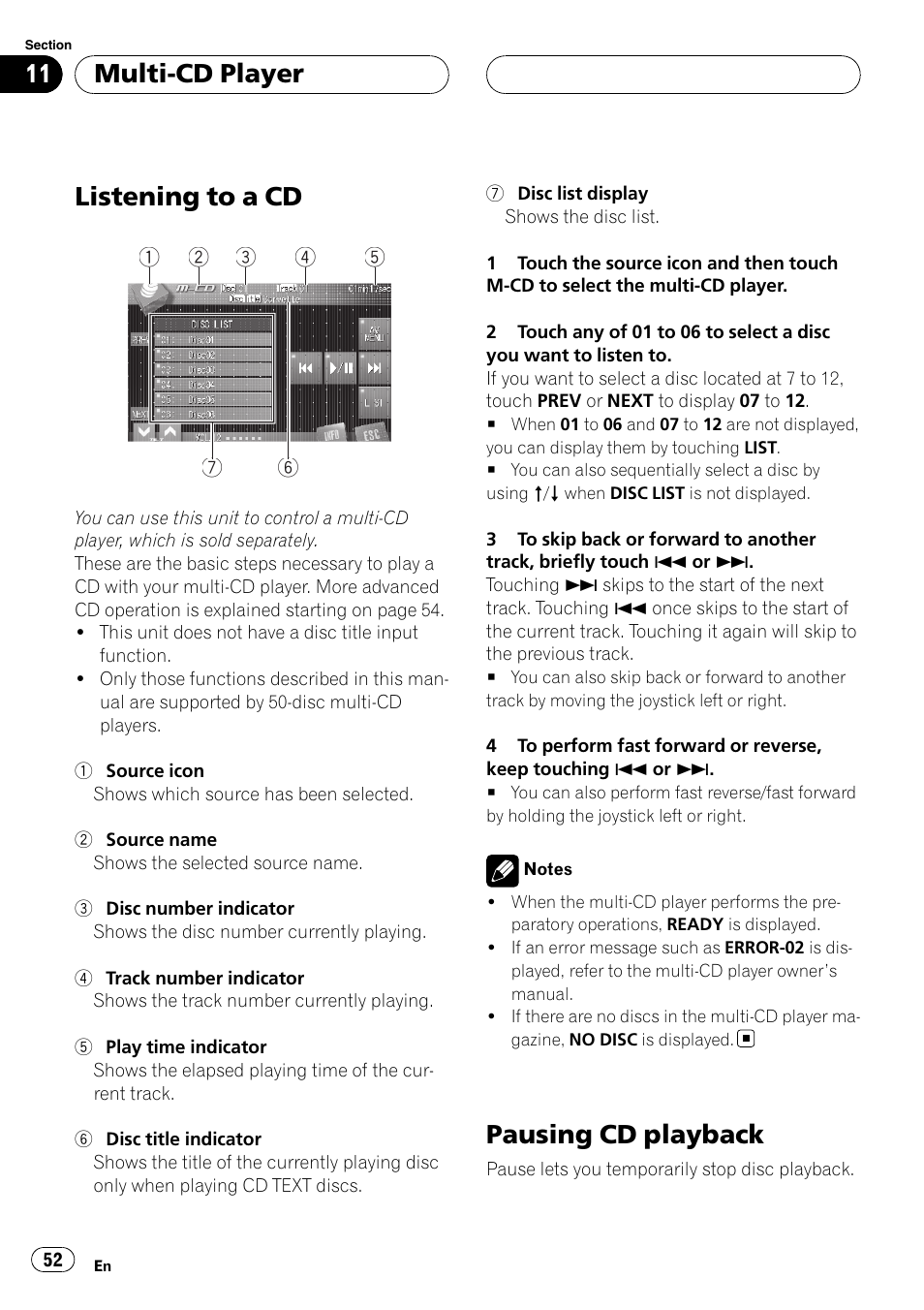 Multi-cd player listening to a cd, Pausing cd playback, Listening to a cd | Multi-cd player | Pioneer AVH-P7900DVD User Manual | Page 52 / 137