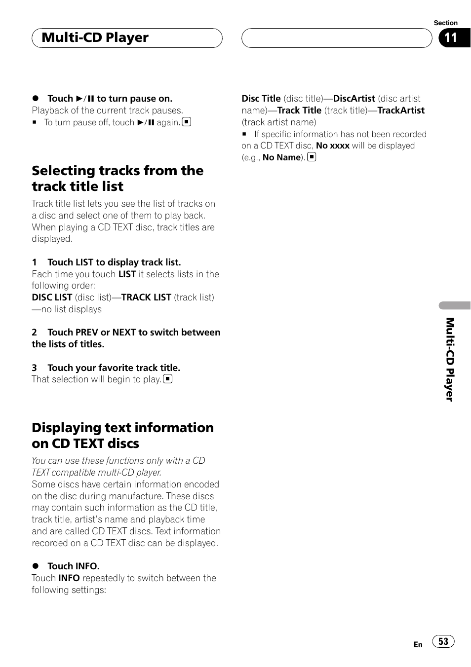 Selecting tracks from the track title list, Displaying text information on cd text, Discs | Displaying text information on cd text discs, Multi-cd player | Pioneer AVH-P7900DVD User Manual | Page 53 / 137