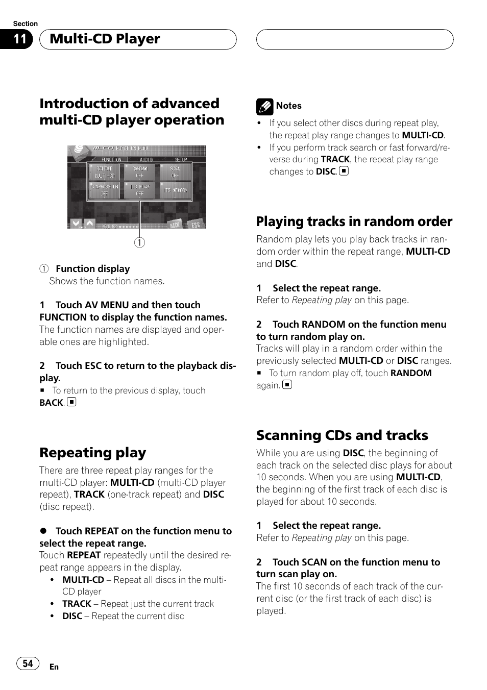 Introduction of advanced multi-cd player, Operation, Repeating play | Playing tracks in random order, Scanning cds and tracks, Introduction of advanced multi-cd player operation, Multi-cd player | Pioneer AVH-P7900DVD User Manual | Page 54 / 137