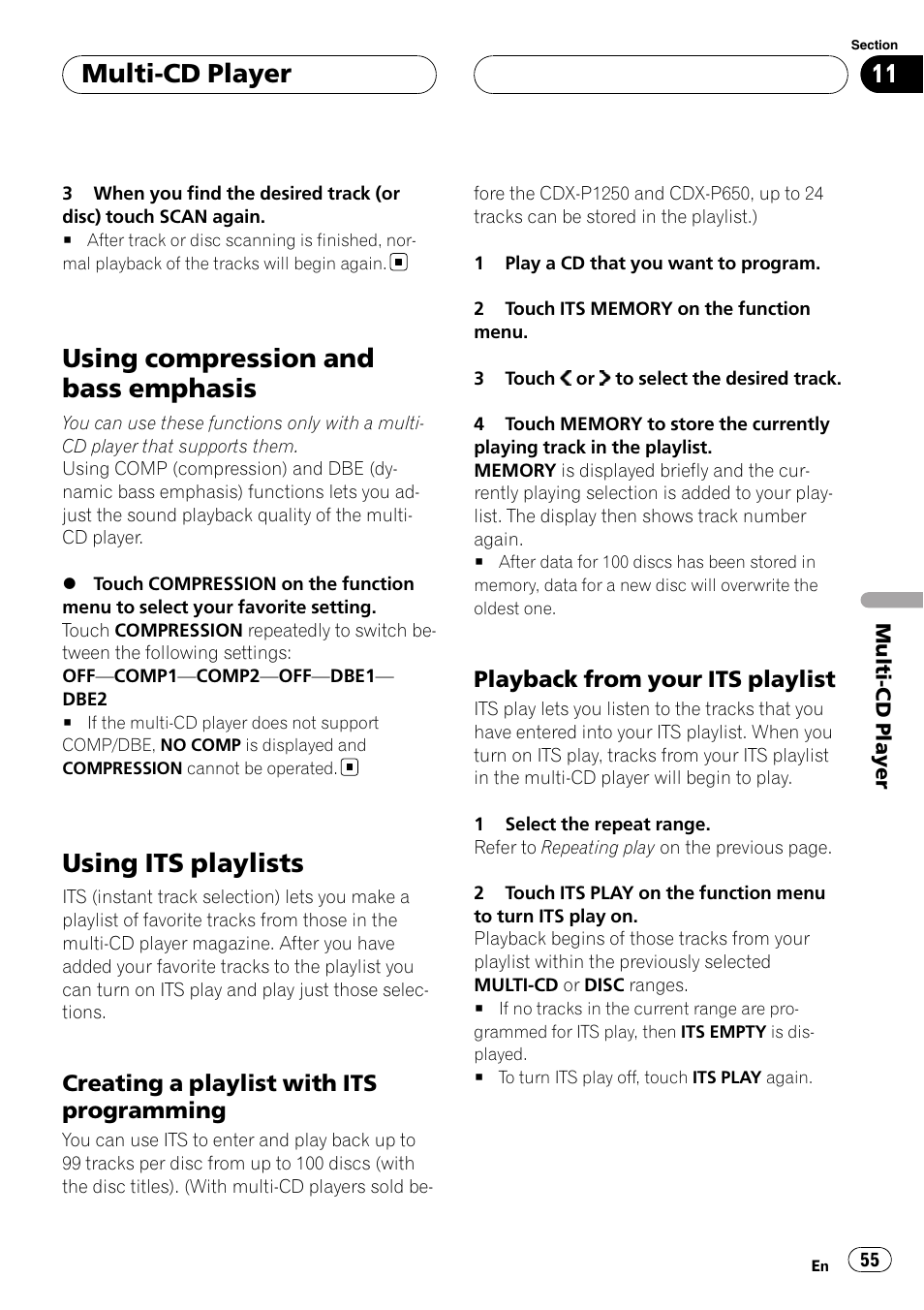 Using compression and bass emphasis, Using its playlists, Multi-cd player | Creating a playlist with its programming, Playback from your its playlist | Pioneer AVH-P7900DVD User Manual | Page 55 / 137