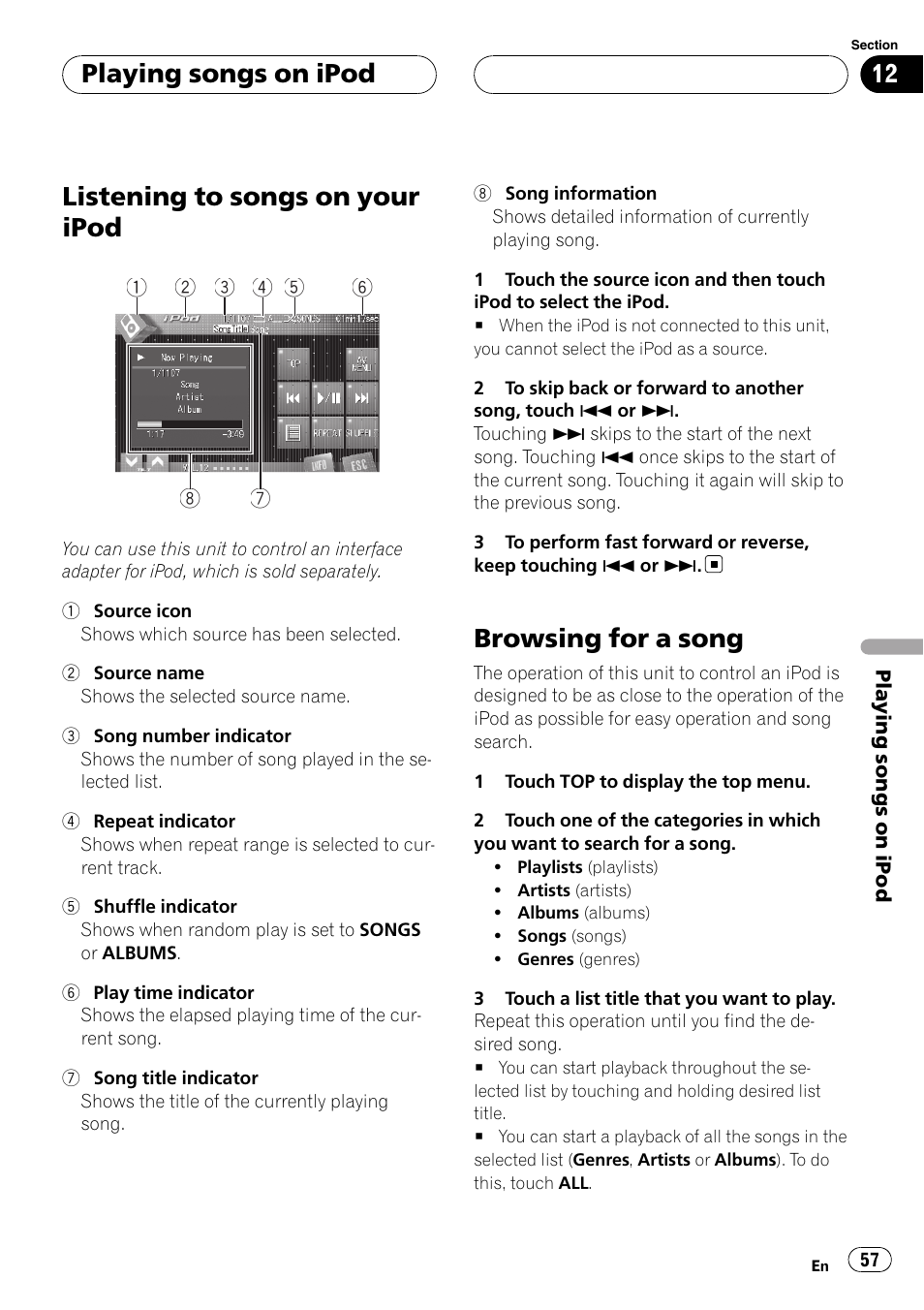 Browsing for a song, Listening to songs on your ipod, Playing songs on ipod | Pioneer AVH-P7900DVD User Manual | Page 57 / 137