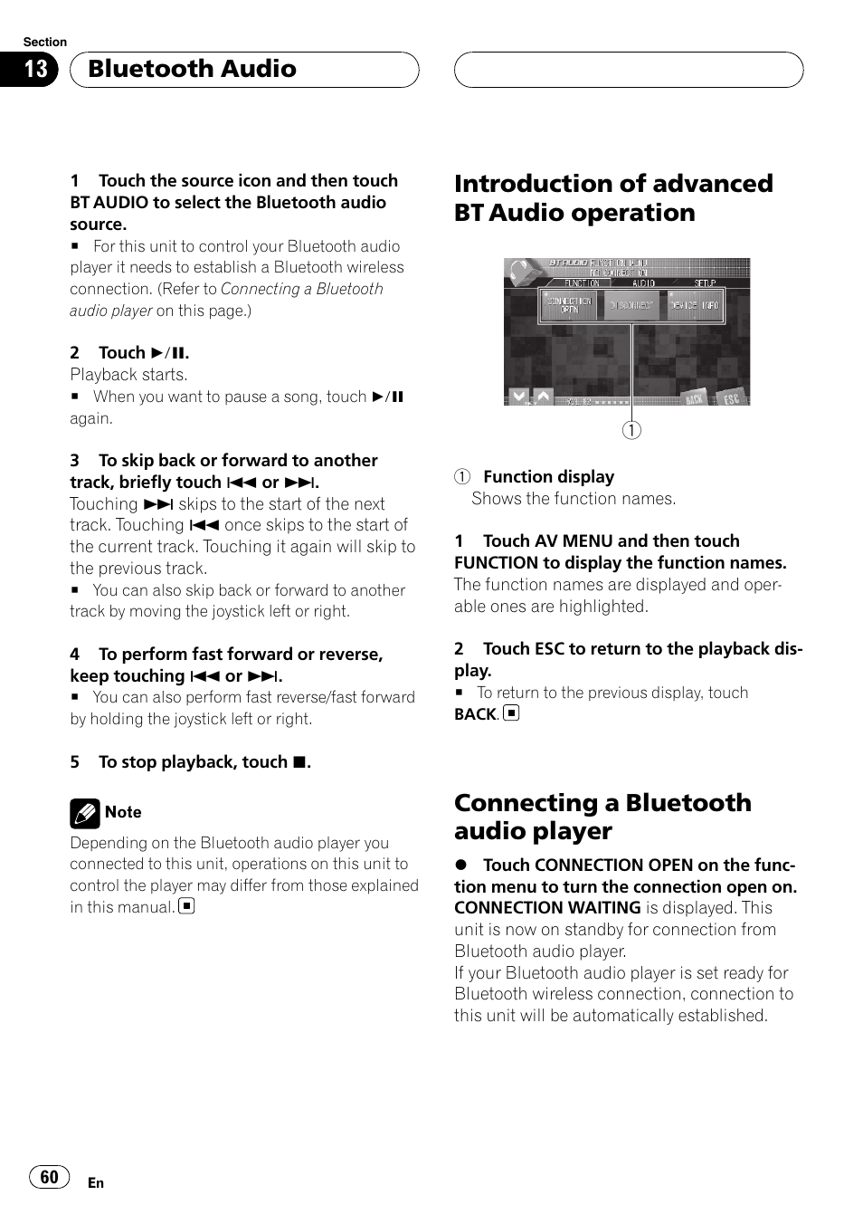 Introduction of advanced bt audio, Operation, Connecting a bluetooth audio player | Introduction of advanced bt audio operation, Bluetooth audio | Pioneer AVH-P7900DVD User Manual | Page 60 / 137