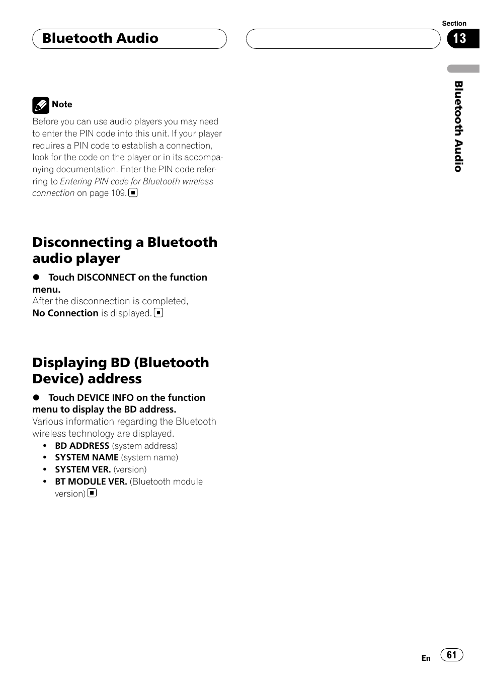 Disconnecting a bluetooth audio player, Displaying bd (bluetooth device), Address | Displaying bd (bluetooth device) address, Bluetooth audio | Pioneer AVH-P7900DVD User Manual | Page 61 / 137