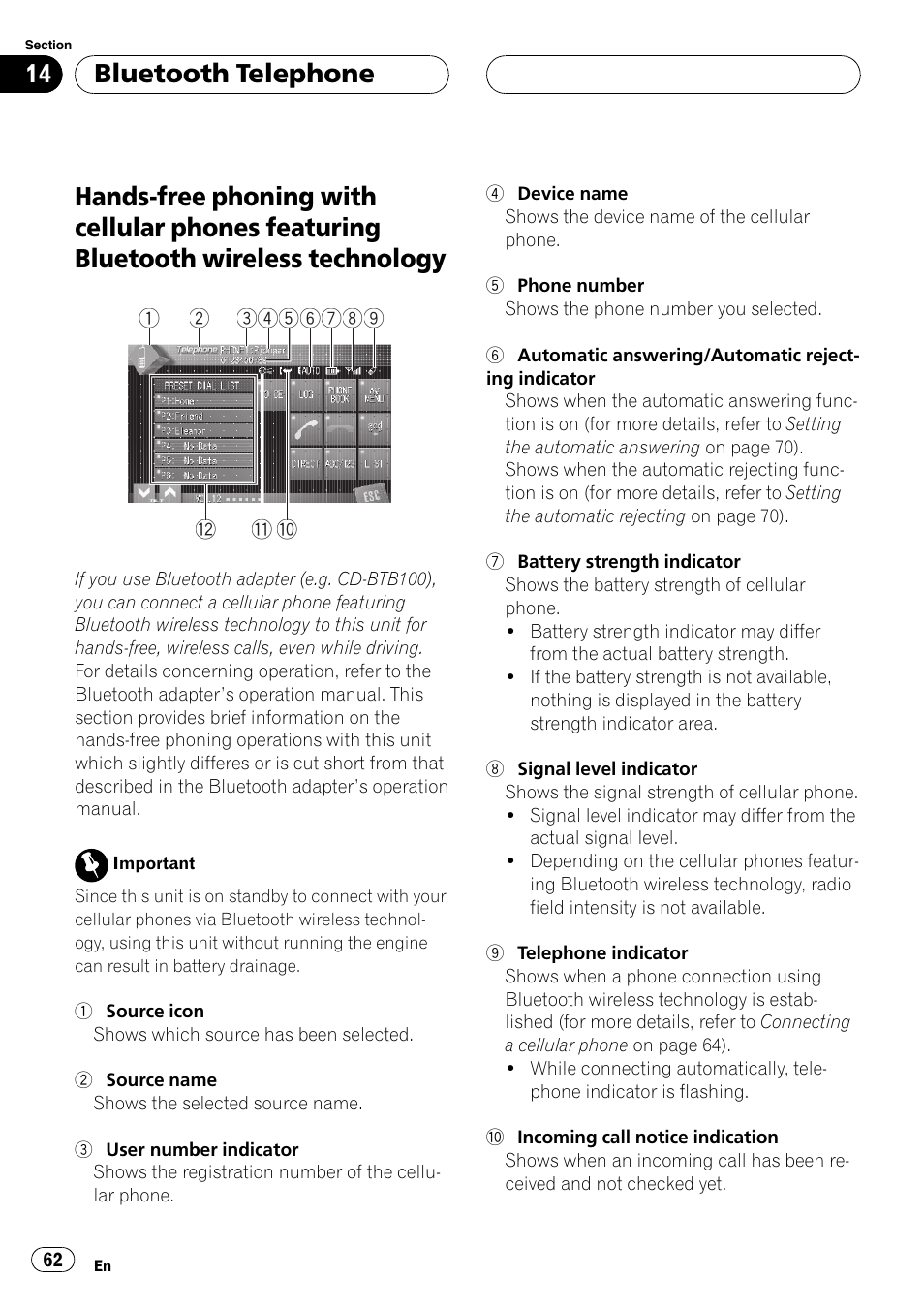 Featuring bluetooth wireless technology, Bluetooth telephone | Pioneer AVH-P7900DVD User Manual | Page 62 / 137