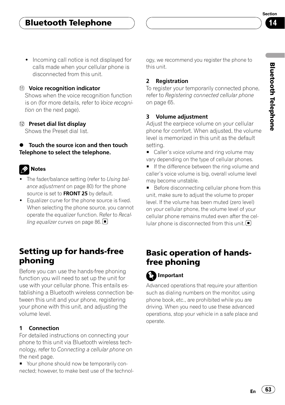 Setting up for hands-free phoning, Basic operation of hands-free phoning, Basic operation of hands- free phoning | Bluetooth telephone | Pioneer AVH-P7900DVD User Manual | Page 63 / 137