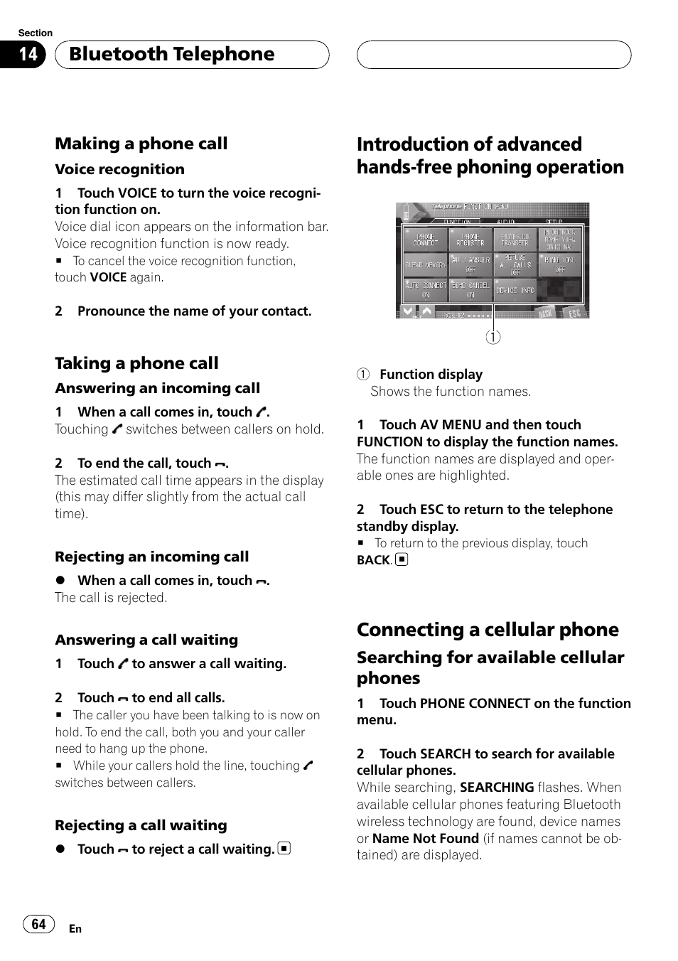 Introduction of advanced hands-free phoning, Operation, Connecting a cellular phone | Bluetooth telephone | Pioneer AVH-P7900DVD User Manual | Page 64 / 137