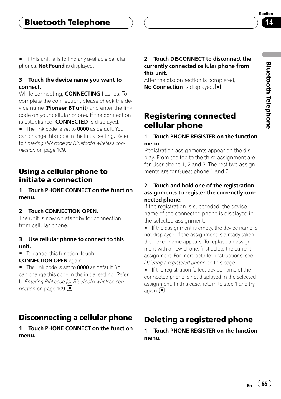Disconnecting a cellular phone, Registering connected cellular phone, Deleting a registered phone | Bluetooth telephone | Pioneer AVH-P7900DVD User Manual | Page 65 / 137
