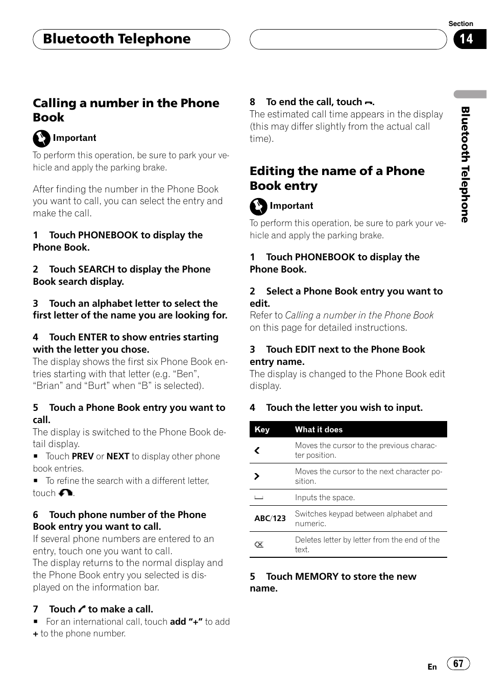 Bluetooth telephone, Calling a number in the phone book, Editing the name of a phone book entry | Pioneer AVH-P7900DVD User Manual | Page 67 / 137